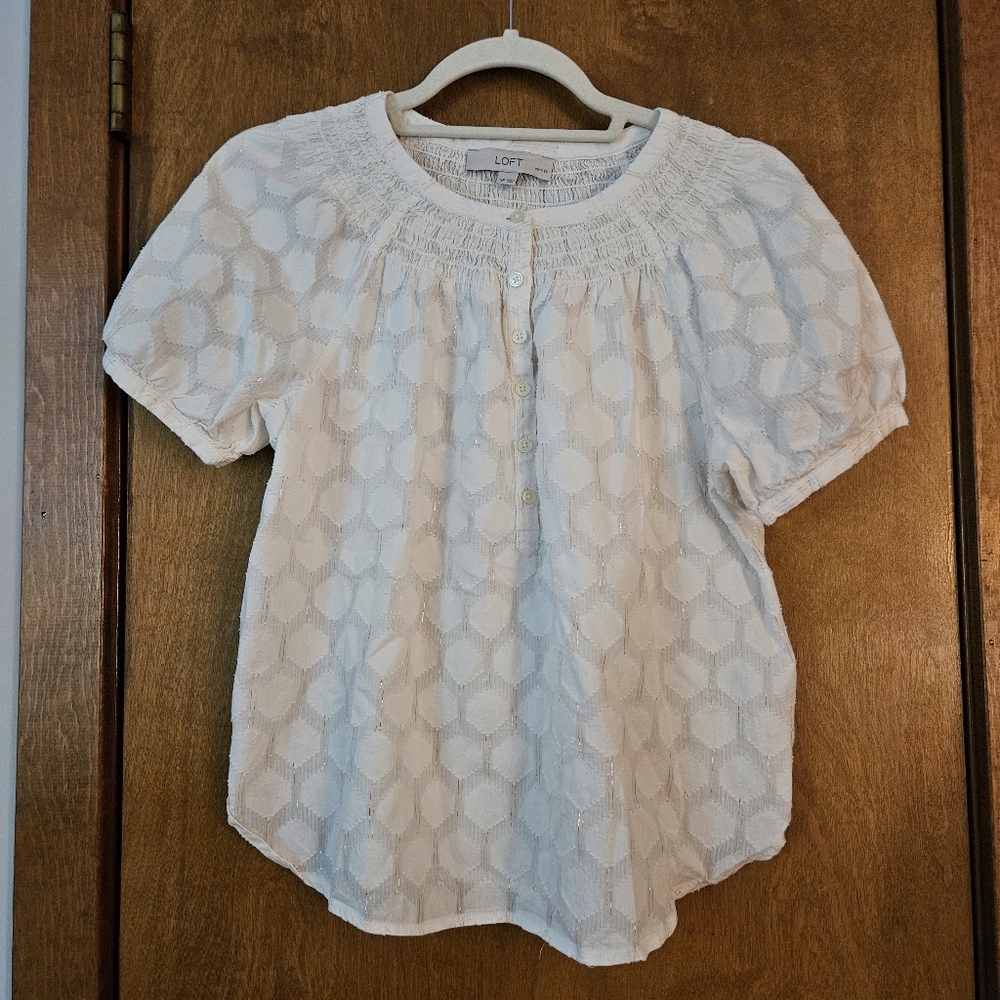 LOFT Cream Smocked Blouse